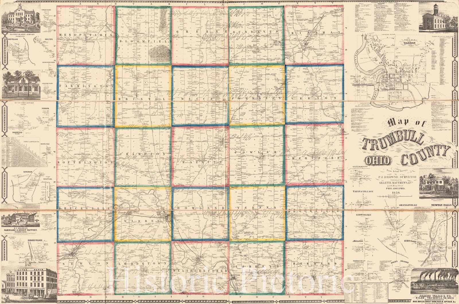 Historical Map, 1856 Map of Trumbull County, Ohio, Vintage Wall Art