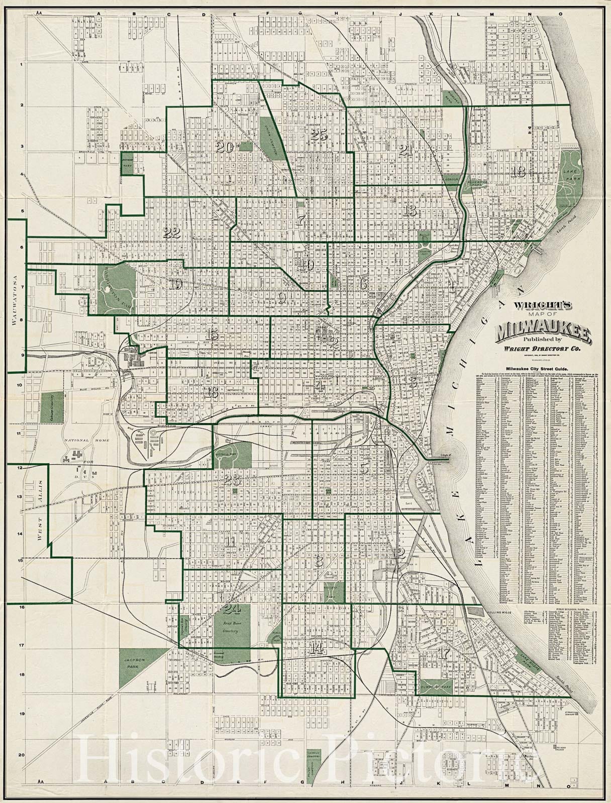Historical Map, 1909 Wright's map of Milwaukee, Vintage Wall Art