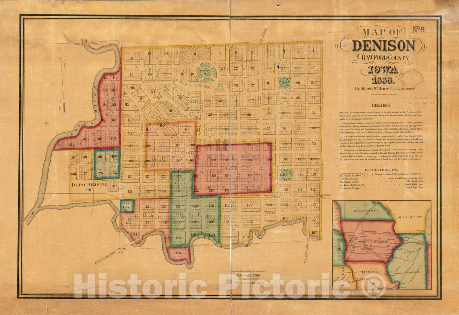 Historical Map, 1858 Map of Denison, Crawford County, Iowa, Vintage Wall Art