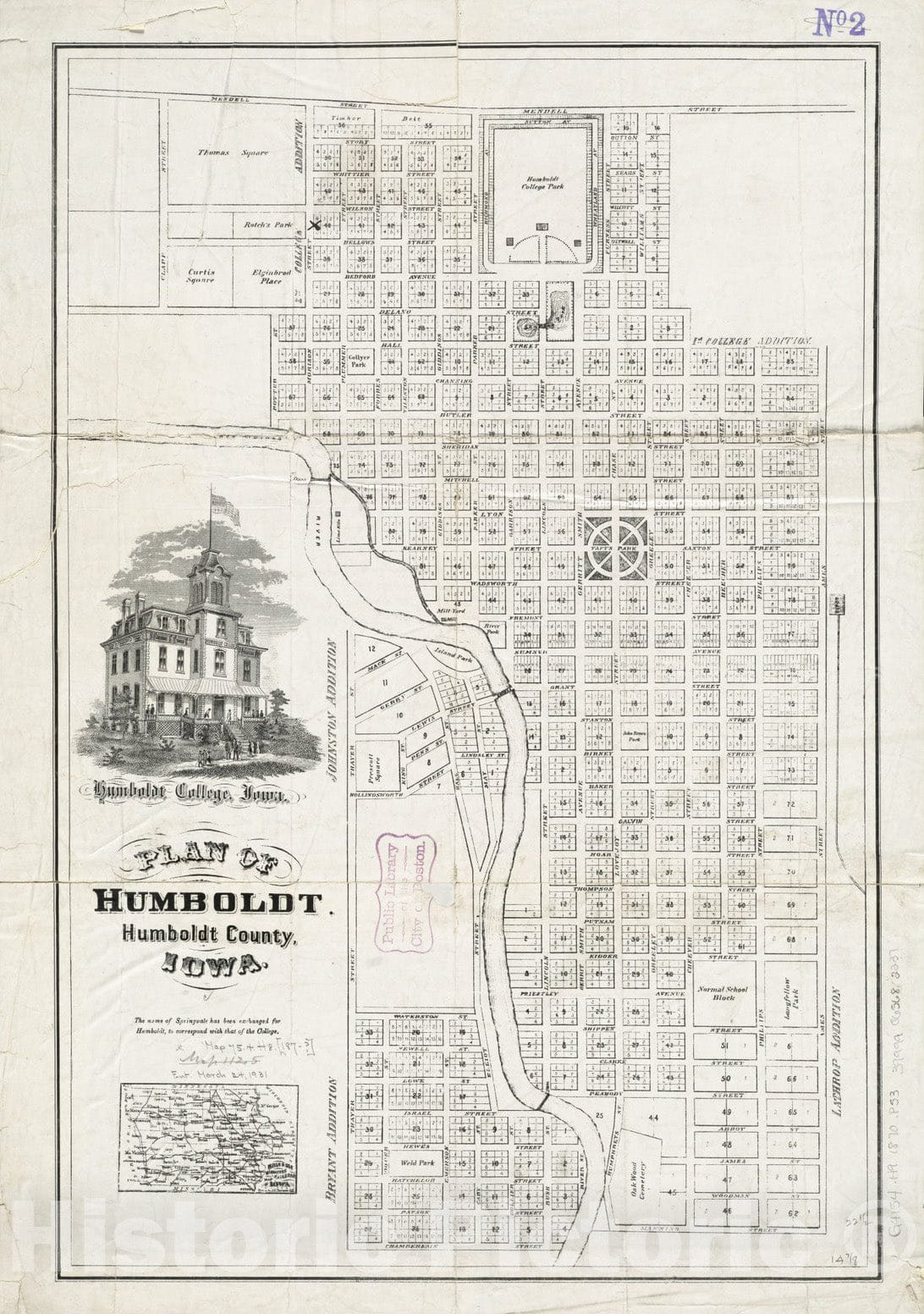 Historical Map, 1870-1879 Plan of Humboldt, Humboldt County, Iowa, Vintage Wall Art