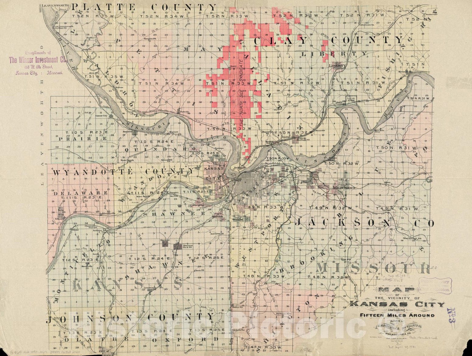 Historical Map, 1890-1899 Map of The Vicinity of Kansas City : Including Fifteen Miles Around, Vintage Wall Art