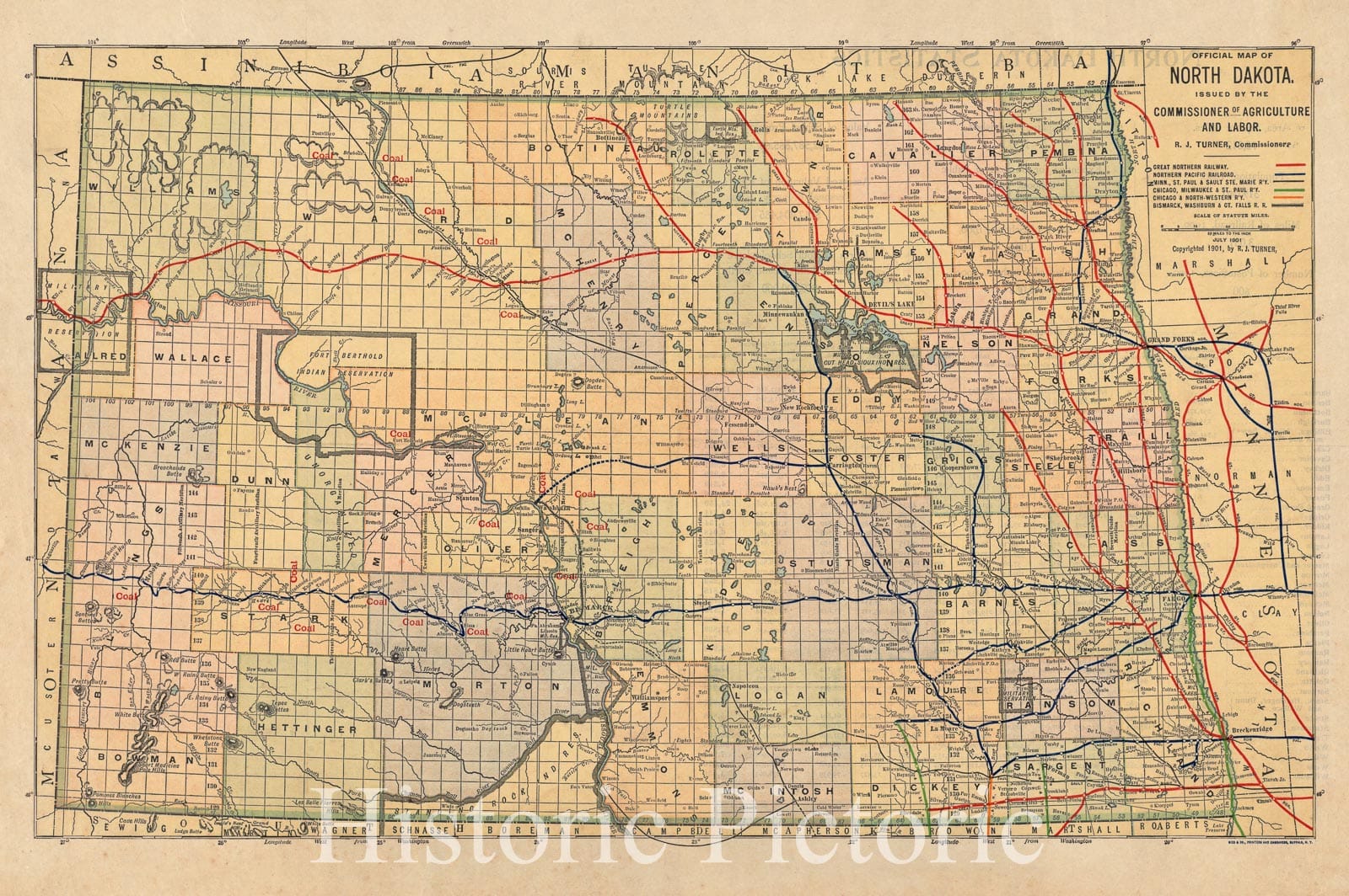 Historical Map, ca. 1901 Official map of North Dakota, Vintage Wall Art