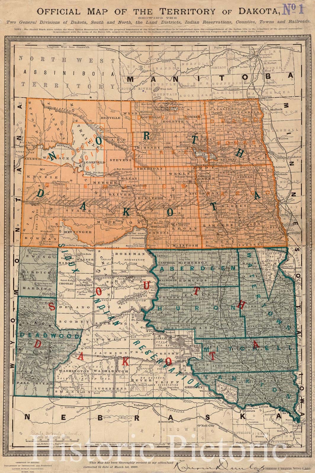 Historical Map, 1886 Official map of The Territory of Dakota, Showing The Two General divisions of Dakota, South and North, The Land districts, Indian Reservations, Vintage Wall Art