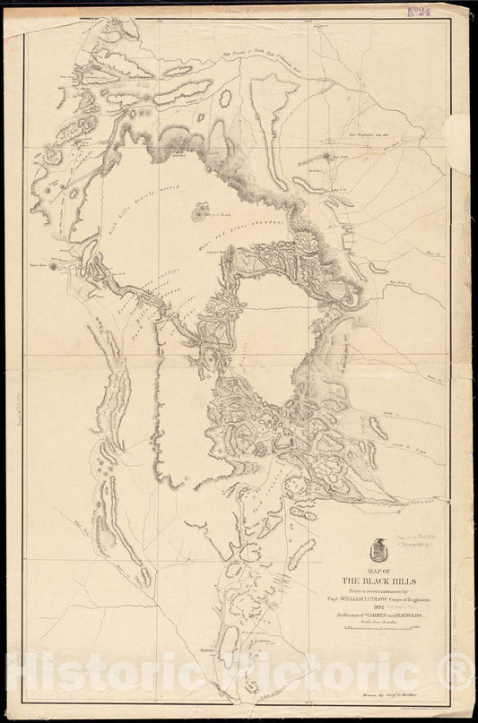 Historical Map, Map of The Black Hills from a Reconnaissance by Capt. William Ludlow, Corps of Engineers, 1874, and maps of Warren and Raynolds, Vintage Wall Art