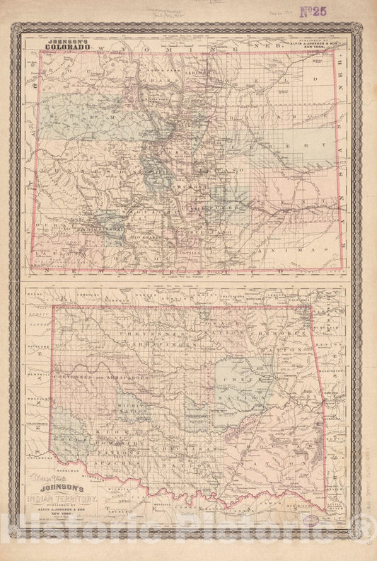 Historical Map, ca. 1880 Johnson's Colorado ; Johnson's Indian Territory, Vintage Wall Art