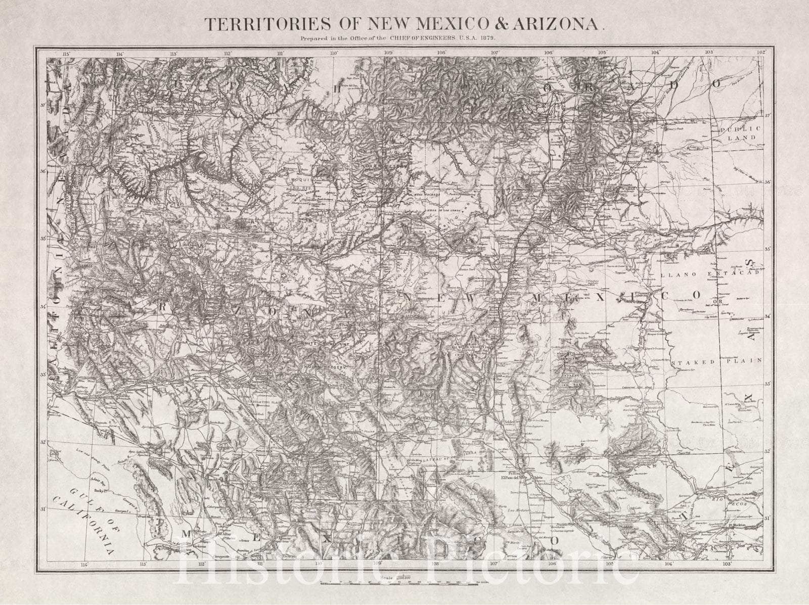 Historical Map, 1879 Territories of New Mexico & Arizona, Vintage Wall Art
