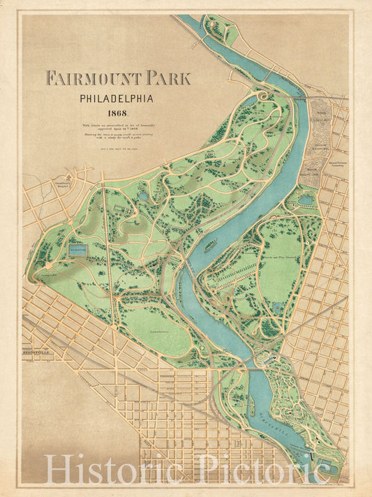 Historical Map, Fairmount Park, Philadelphia, 1868 : with limits, as prescribed in Act of Assembly, approved March 26th, 1868 : showing the trees and woods, Vintage Wall Art