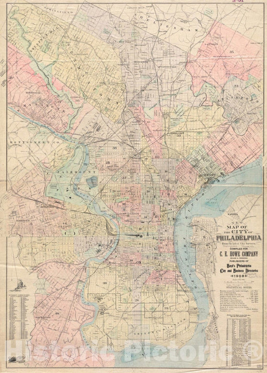 Historical Map, 1908 New map of The City of Philadelphia from The Latest City surveys, Vintage Wall Art