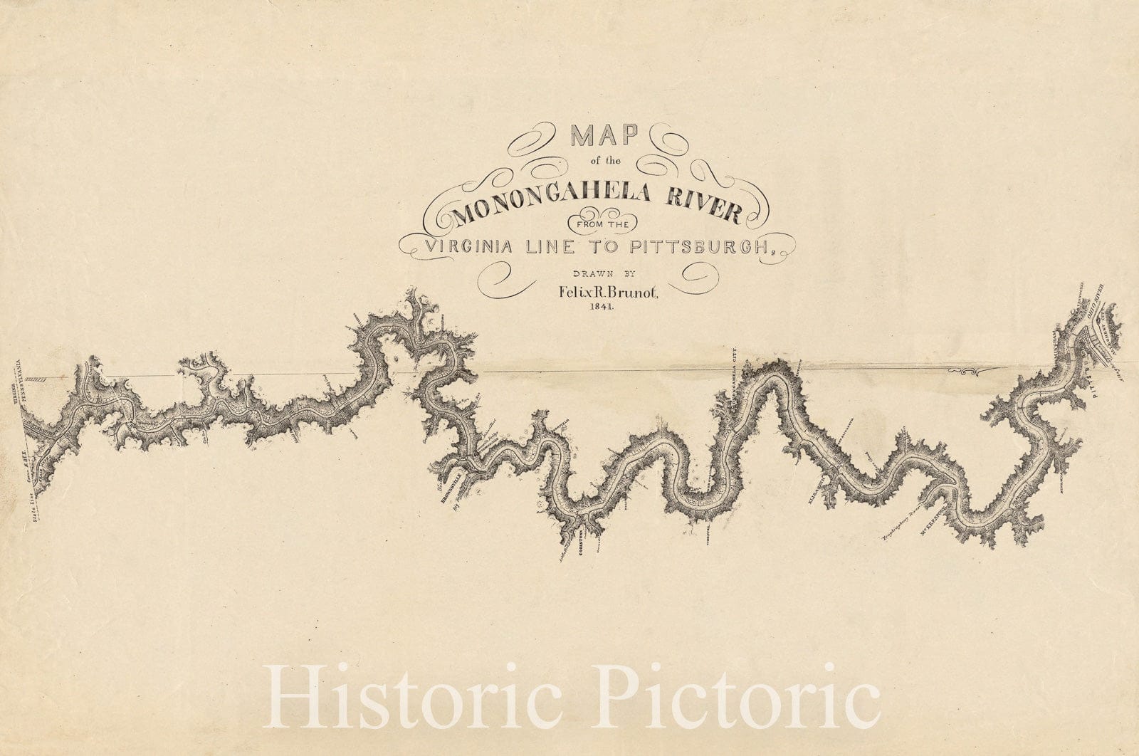 Historical Map, 1841 Map of The Monongahela River from The Virginia line to Pittsburgh, Vintage Wall Art