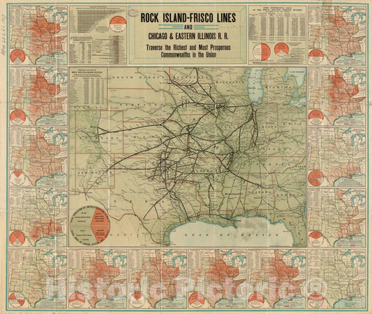 Historical Map, 1907 Rock Island-Frisco Lines and Chicago & Eastern Illinois R.R : Traverse The Richest and Most prosperous commonwealths in The Union, Vintage Wall Art