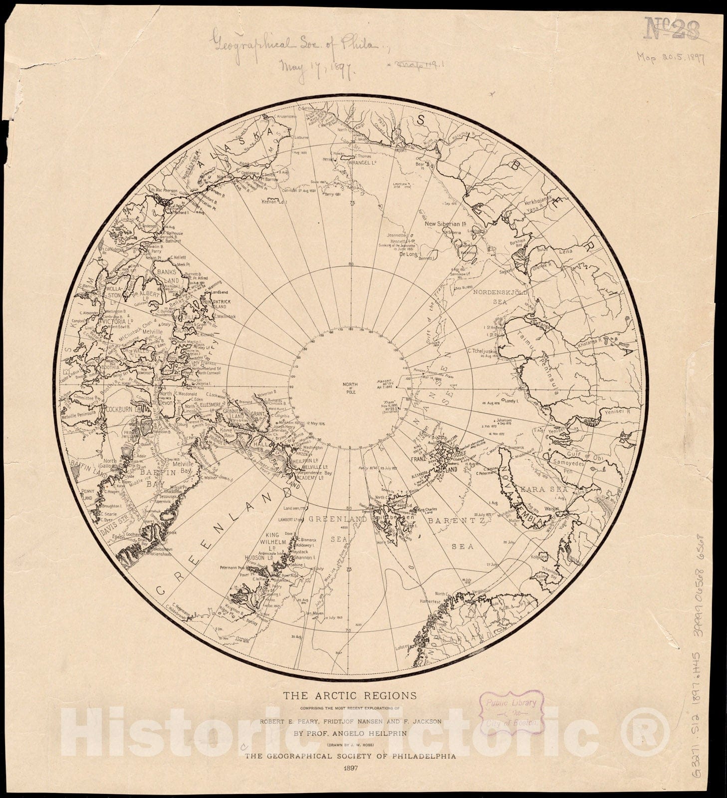 Historical Map, 1897 The Arctic Regions : comprising The Most Recent explorations of Robert E. Peary, Fridtjof Nansen and F. Jackson, Vintage Wall Art