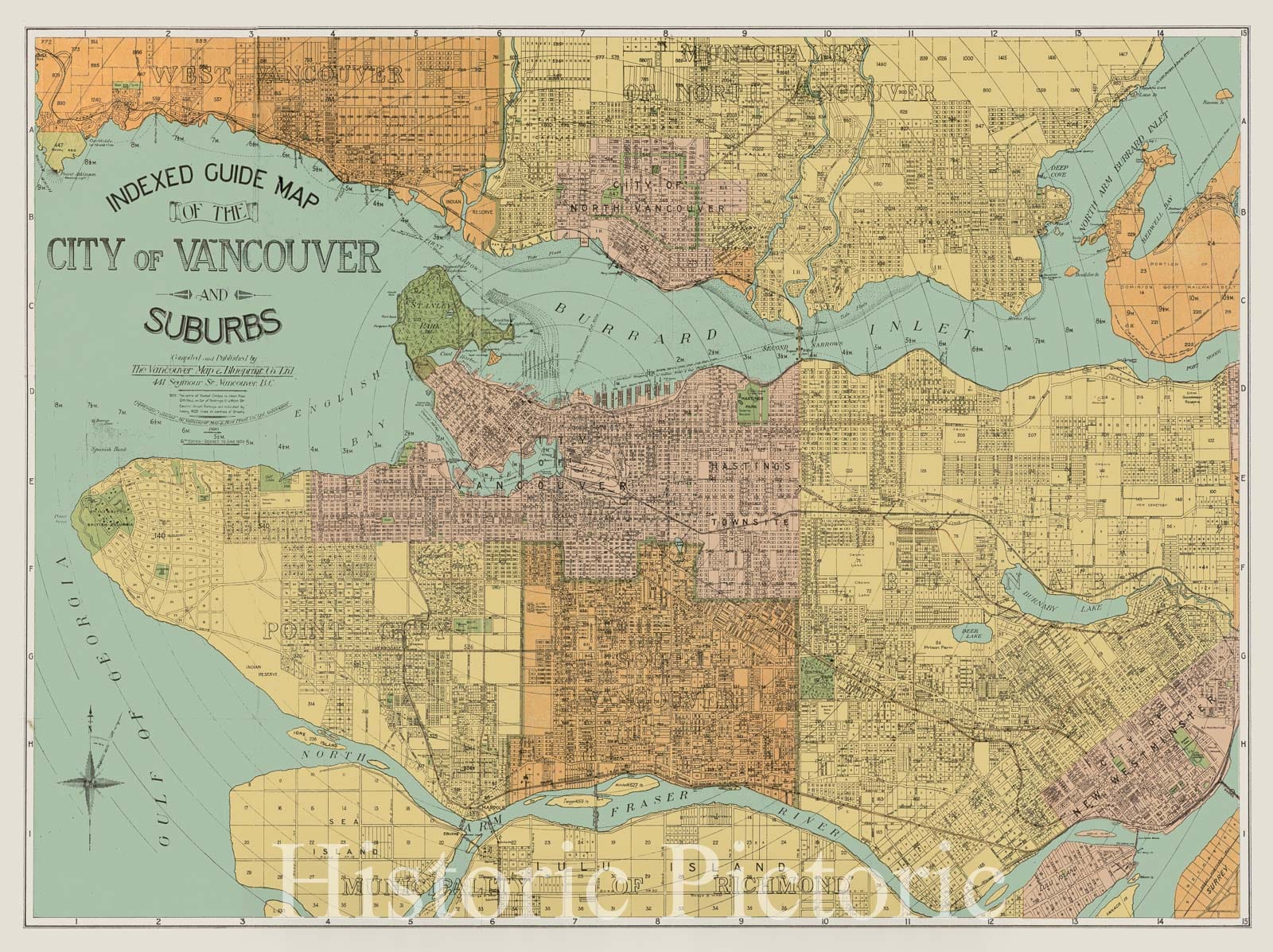 Historical Map, 1920 Indexed Guide map of The City of Vancouver and Suburbs, Vintage Wall Art