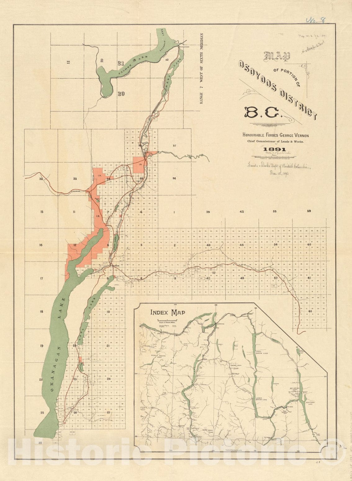 Historical Map, 1891 Map of Portion of Osoyoos District, B.C, Vintage Wall Art