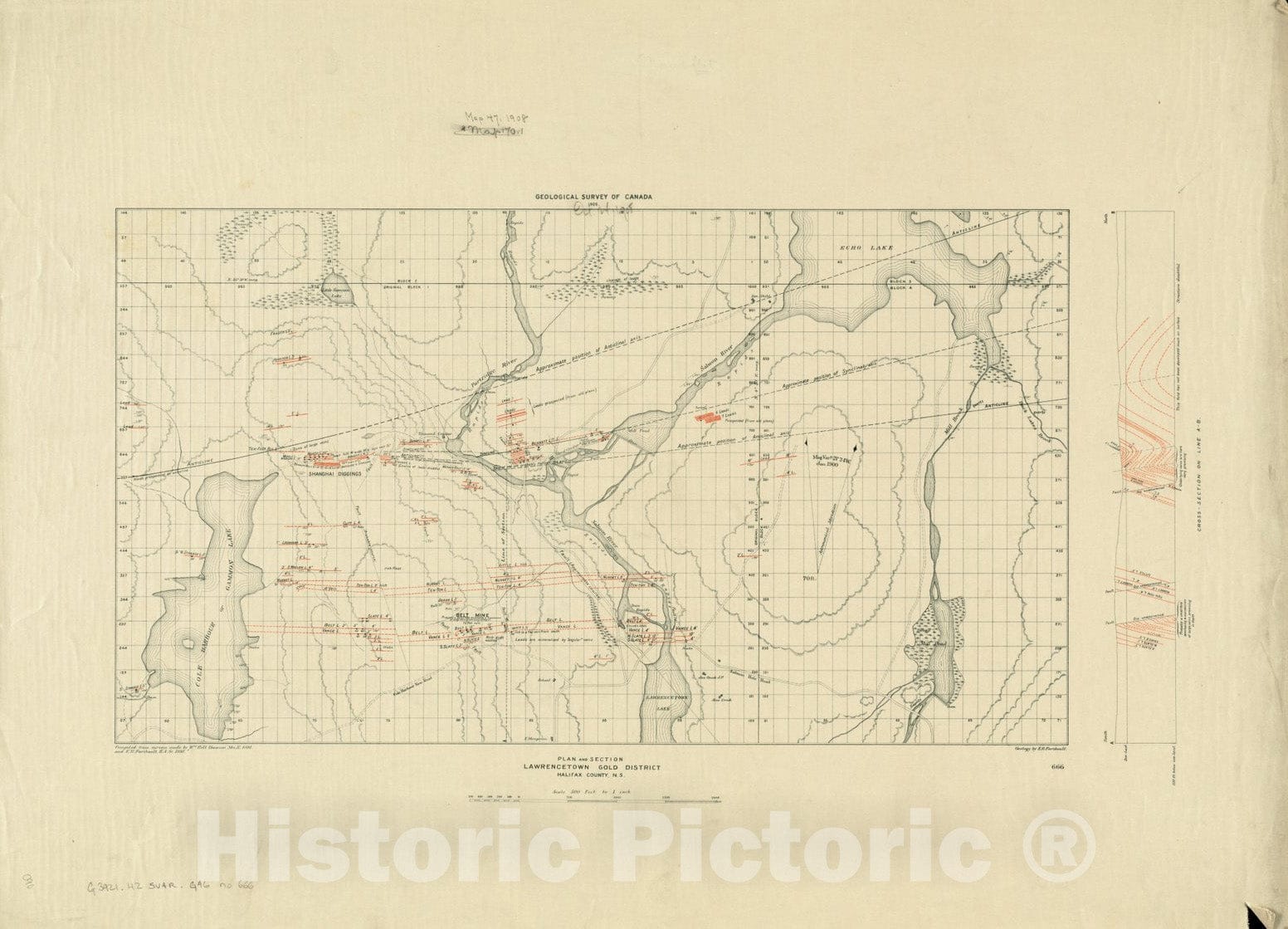 Historical Map, 1900 Plan and Section, Lawrencetown Gold District, Halifax County, N.S, Vintage Wall Art
