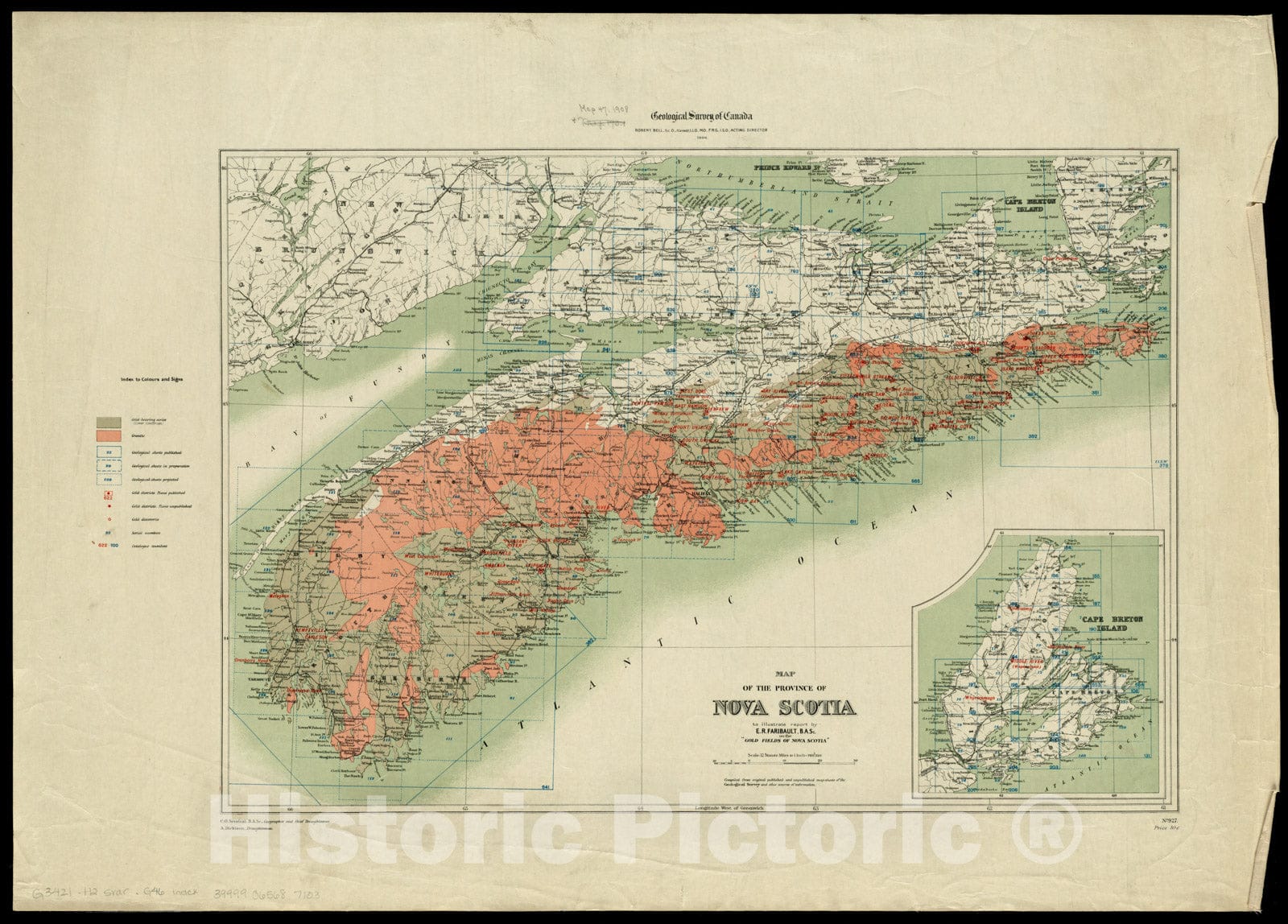 Historical Map, 1906 Map of The Province of Nova Scotia to illustrate Report by E.R. Faribault, B.A. Sc. on The 'Gold Fields of Nova Scotia', Vintage Wall Art