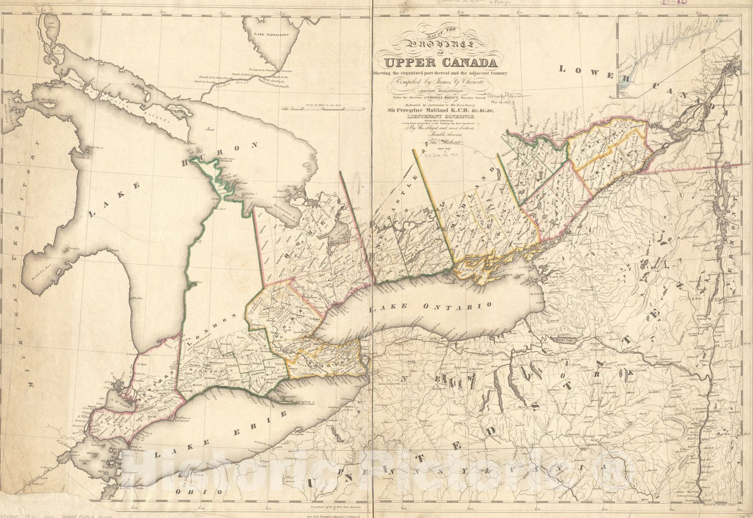 Historical Map, 1820-1829 Map of The Province of Upper Canada shewing The Organized Part thereof and The Adjacent County, Vintage Wall Art
