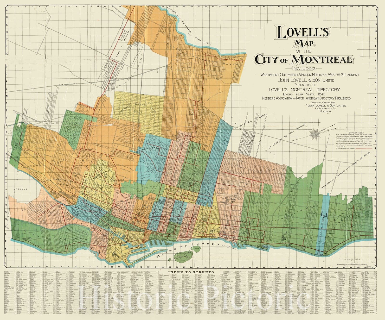 Historical Map, 1920 Lovell's map of The City of Montreal : Including Westmount, Outremount, Verdun, Montreal West and St. Laurent, Vintage Wall Art