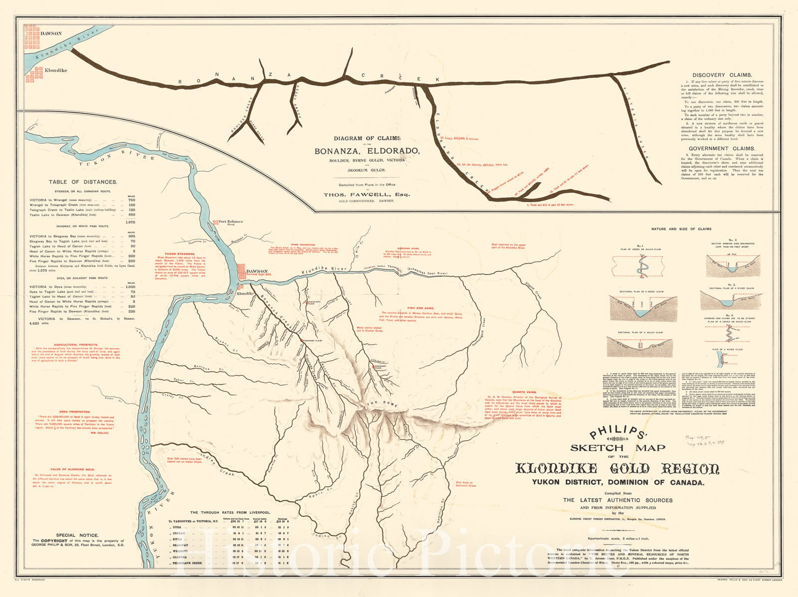 Historical Map, 1898 Philips' Sketch map of The Klondike Gold Region, Yukon District, Dominion of Canada : compiled from The Latest Authentic Sources, Vintage Wall Art