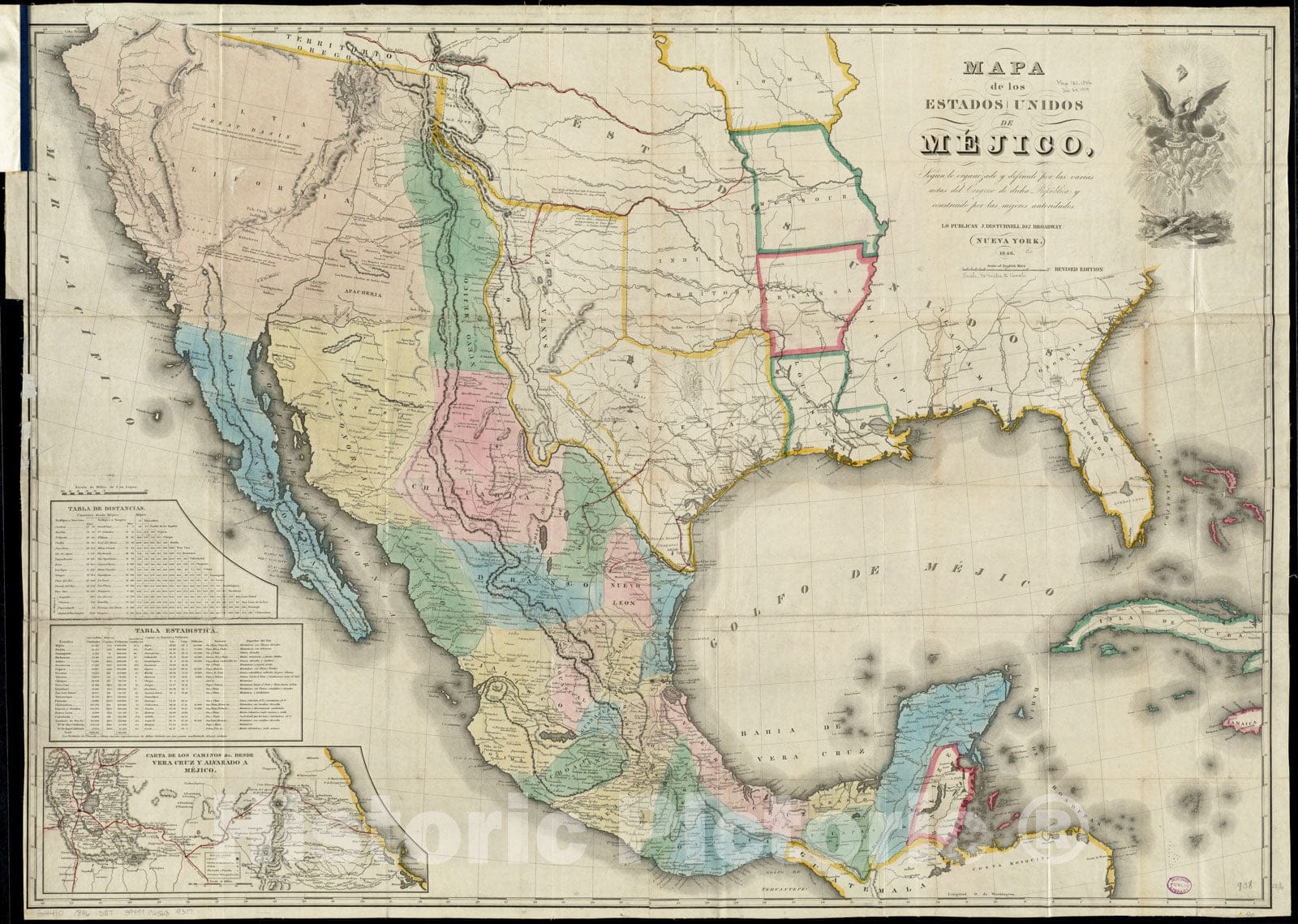 Historical Map, 1846 Mapa de Los Estados Unidos de Mejico, Vintage Wall Art