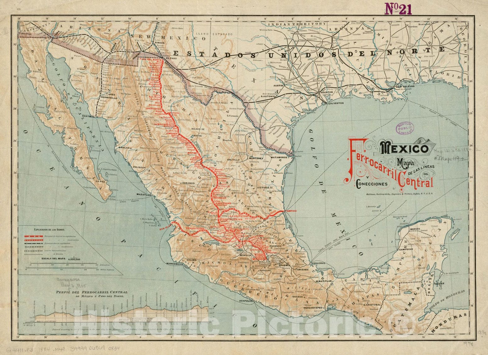 Historical Map, 1884 Mexico, mapa de las lineas del Ferrocarril Central Mexicano y conecciones, Vintage Wall Art