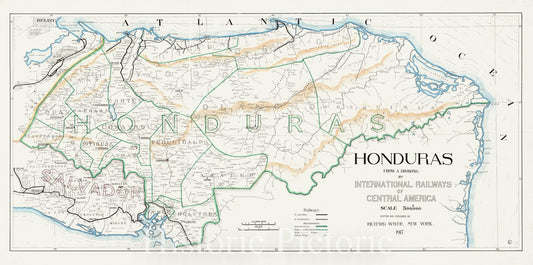 Historical Map, 1917 Honduras from a Drawing by International Railways of Central America, Vintage Wall Art