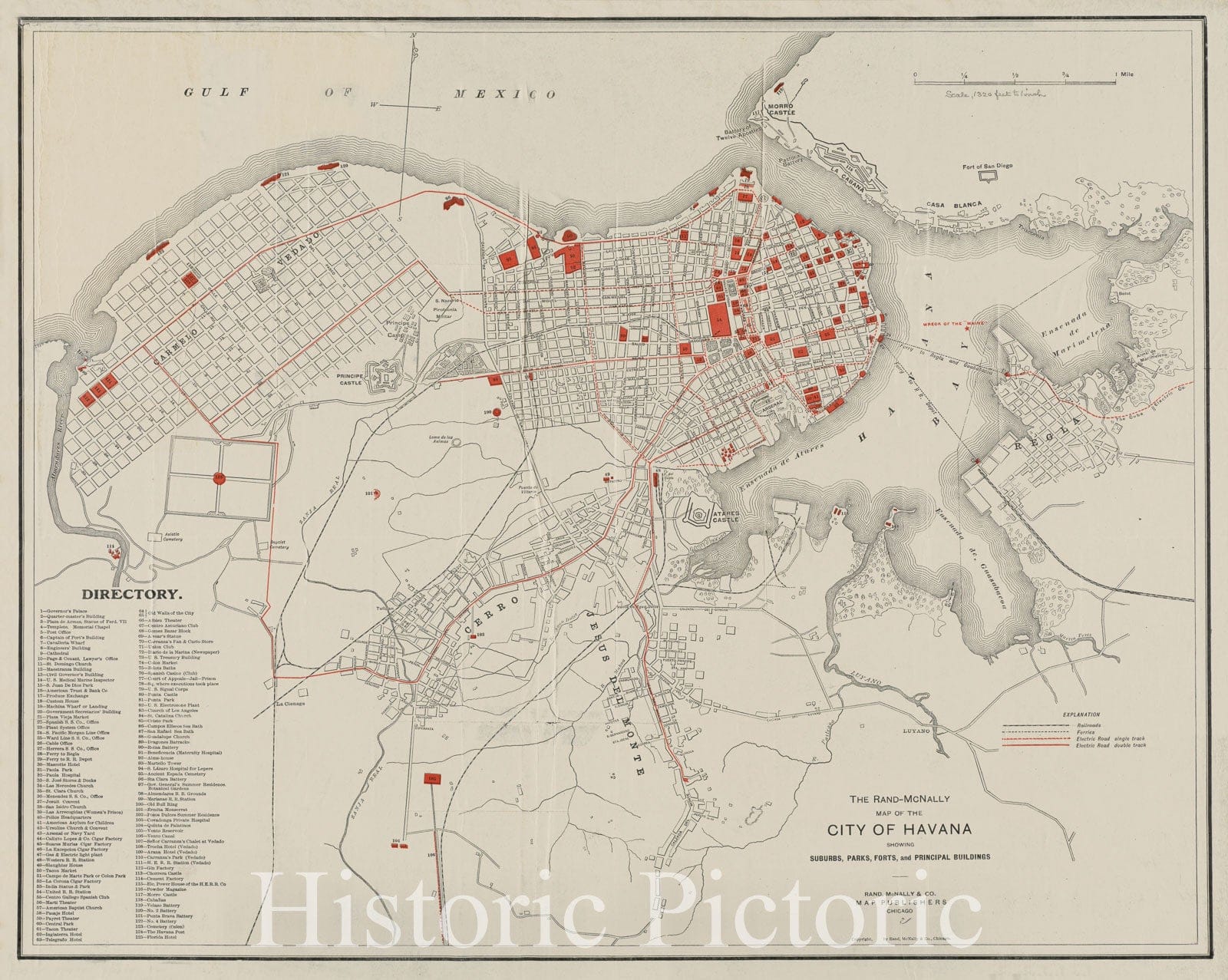 Historical Map, 1921 The Rand-McNally map of The City of Havana Showing Suburbs, Parks, forts, and Principal Buildings, Vintage Wall Art