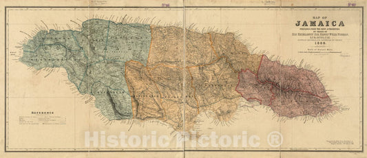 Historical Map, 1888 Map of Jamaica : Prepared from The Best Authorities by Order of His Excellency Sir Henry Wylie Norman, G.C.B. G.C.M.G, C.I.E, Captain General, Vintage Wall Art
