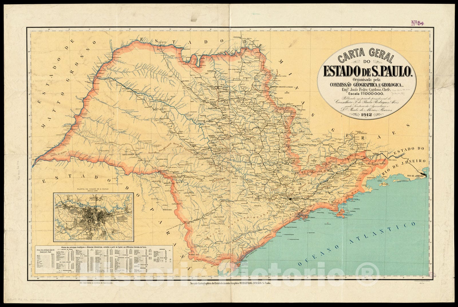 Historical Map, 1912 Carta geral do estado de S. Paulo, Vintage Wall Art