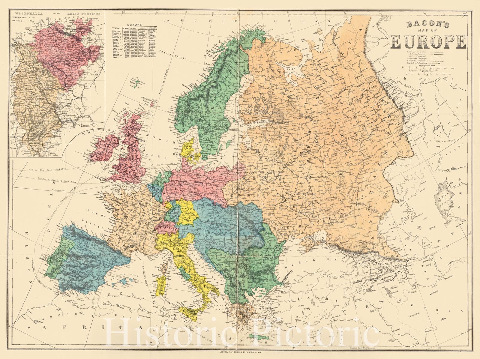 Historical Map, 1870 Bacon's map of Europe, Vintage Wall Art