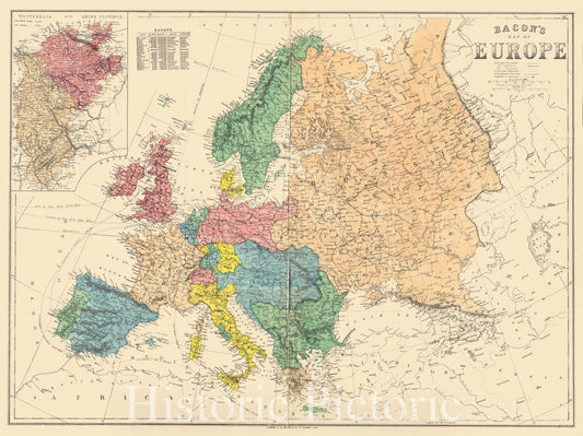 Historical Map, 1870 Bacon's map of Europe, Vintage Wall Art