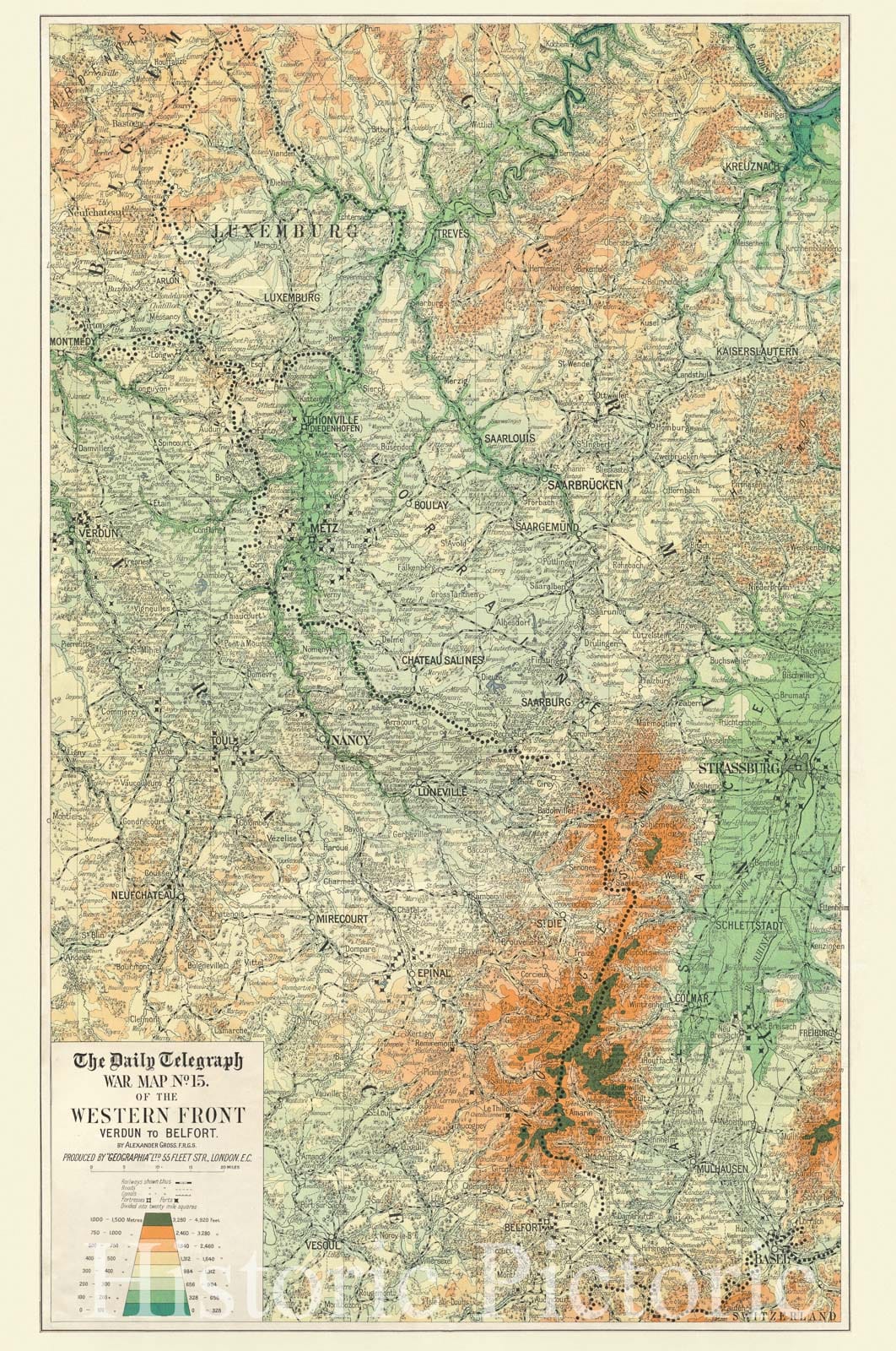 Historical Map, 1916 The Daily Telegraph war map no. 15 : of The Western Front, Verdun to Belfort, Vintage Wall Art