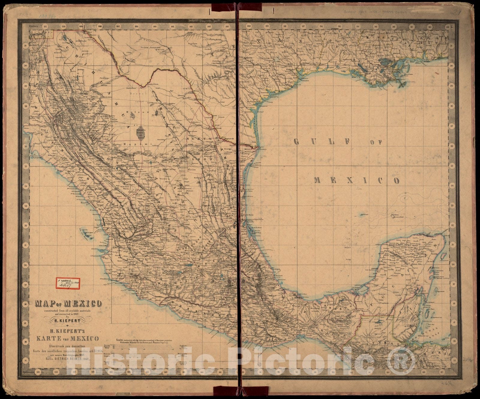 Historical Map, Map of Mexico, Constructed from All Available Materials and Corrected to 1862 = H. Kiepert's karte von Mexico, uIË†berdruck aus desselben karte des NOI, Vintage Wall Art