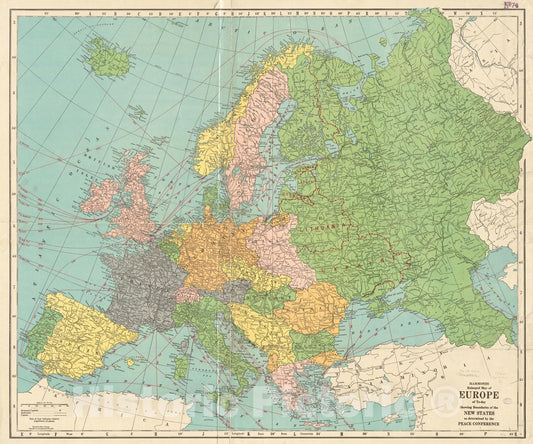 Historical Map, 1920 Hammond's Enlarged map of Europe of to-Day Showing Boundaries of The New States as Determined by The Peace Conference, Vintage Wall Art