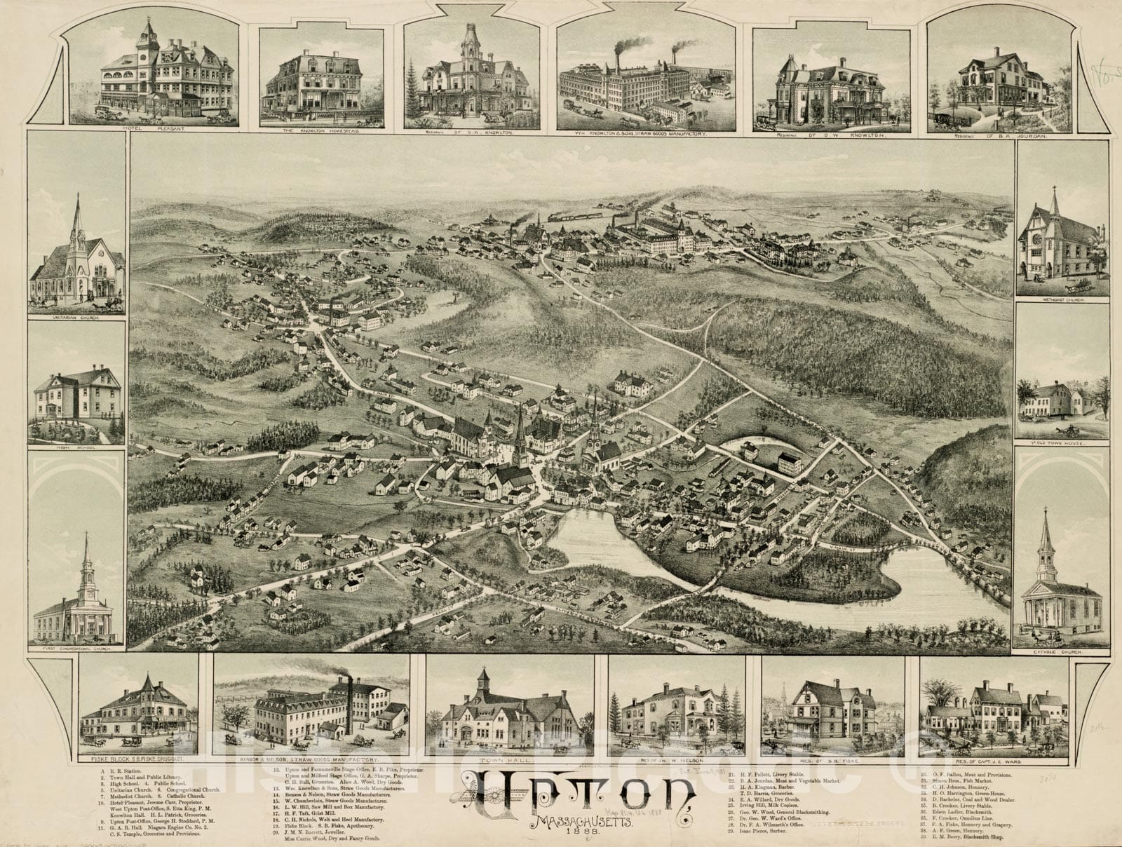 Historical Map, Upton, Massachusetts : 1888, Vintage Wall Art