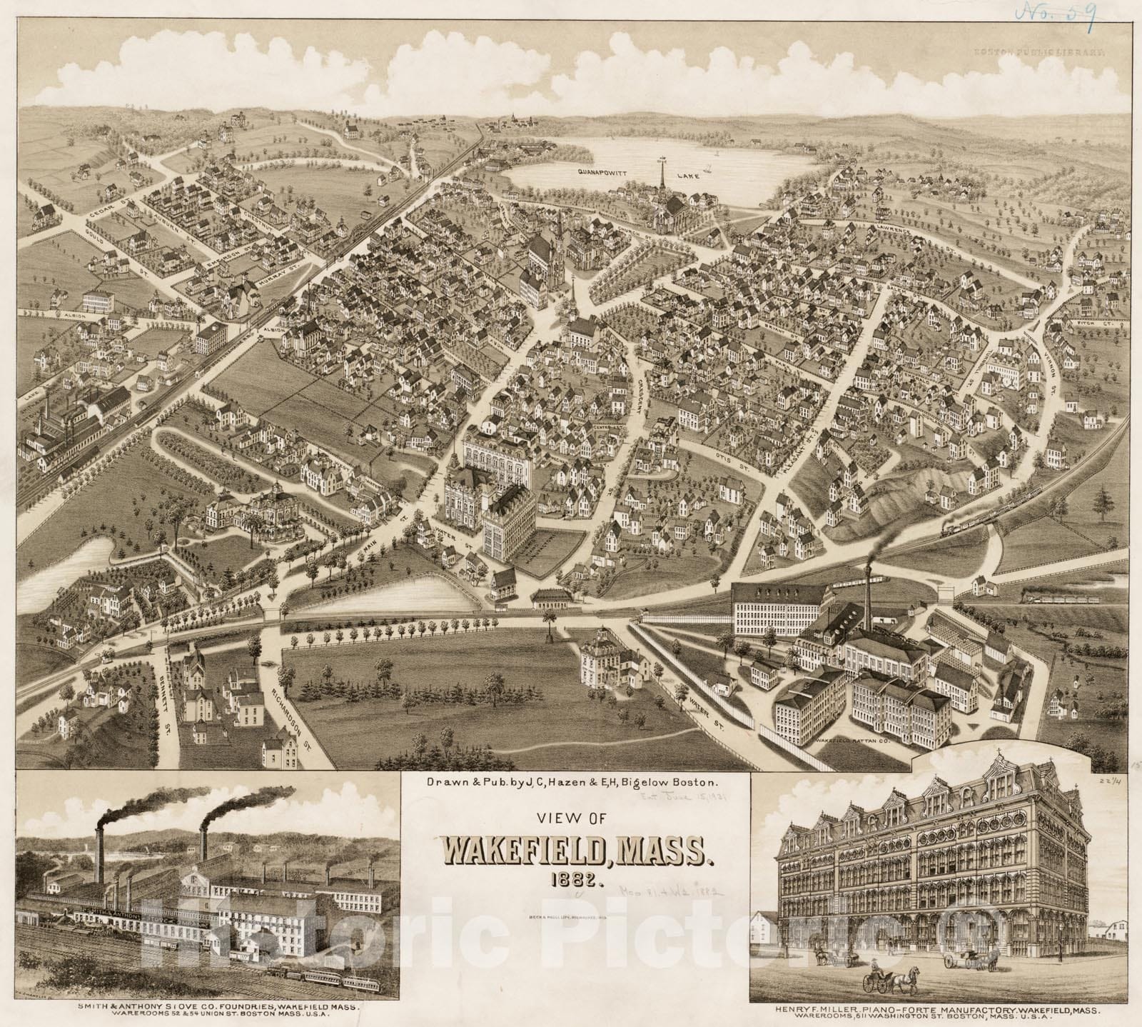 Historical Map, View of Wakefield, Mass : 1882, Vintage Wall Art