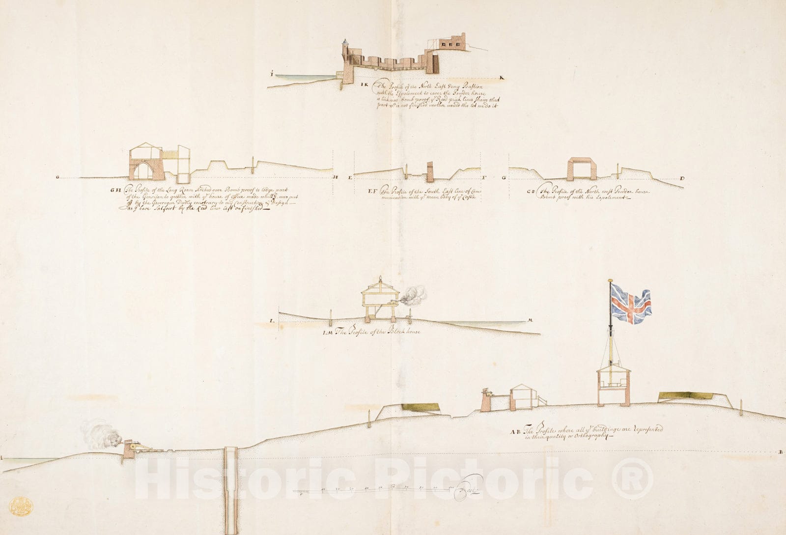 Historical Map, 1705-1706 The Respective Profiles Belonging to The Great Iconografical Draughts of Castle Island in The Bay of Boston, Vintage Wall Art