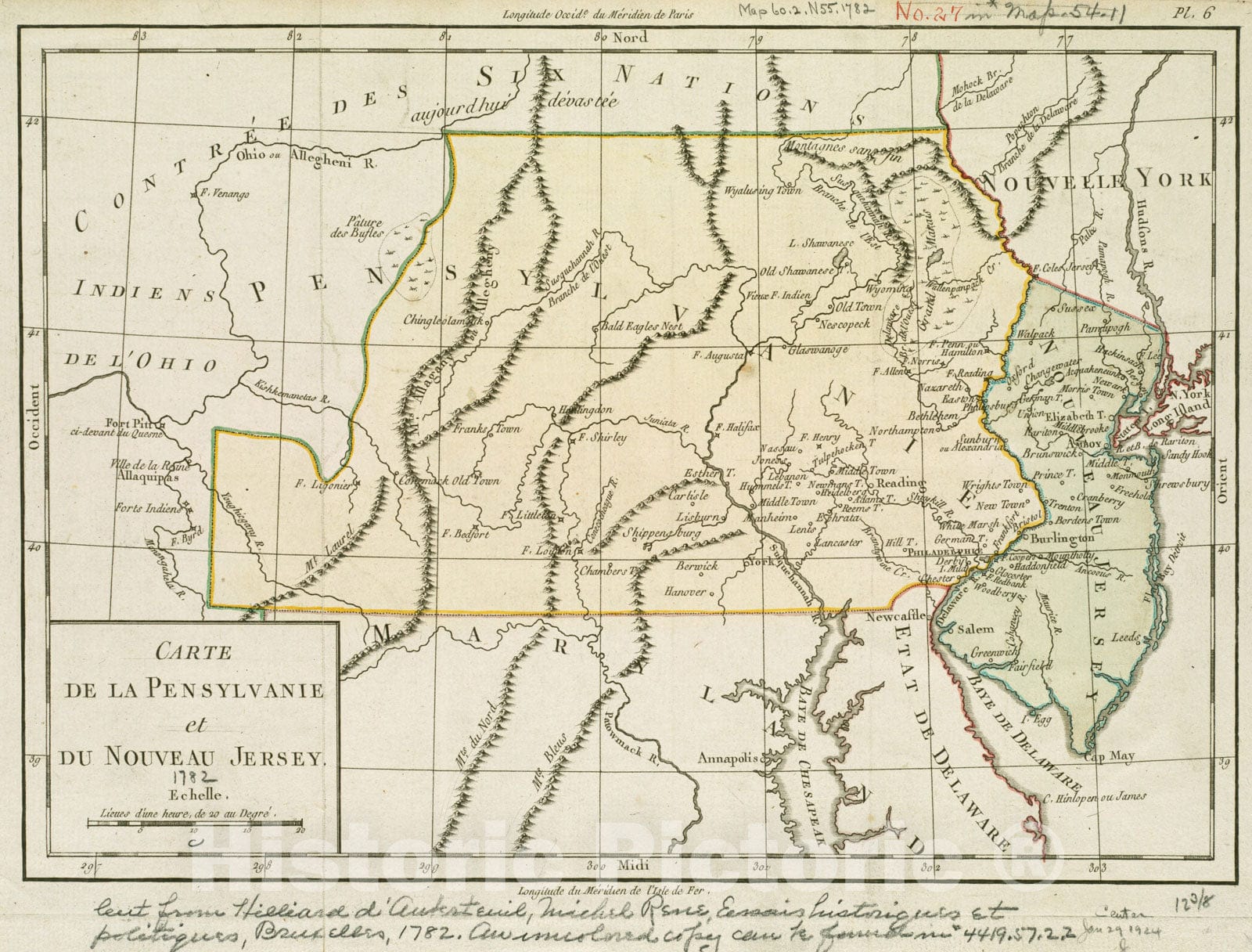 Historical Map, 1782 Carte de la Pensylvanie et du Nouveau Jersey, Vintage Wall Art