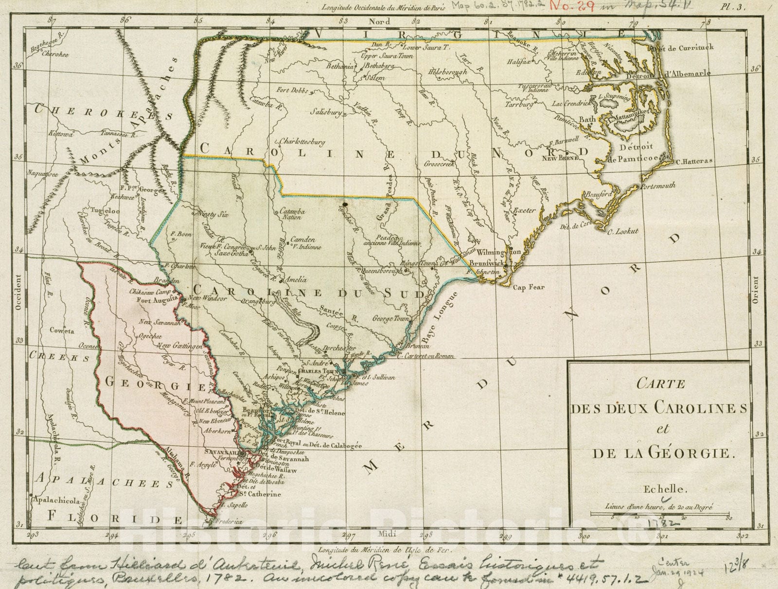 Historical Map, 1782 Carte des Deux Carolines et de la Georgie, Vintage Wall Art