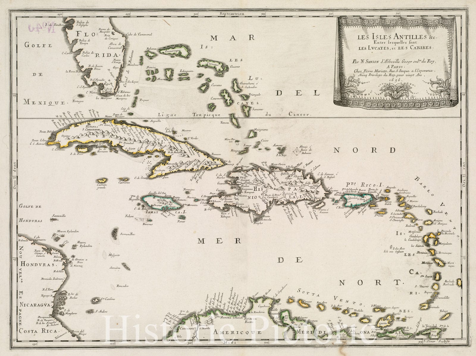 Historical Map, 1656 Les Isles Antilles et Cetera. Entre lesquelles sont les Lucayes, et les Caribes, Vintage Wall Art