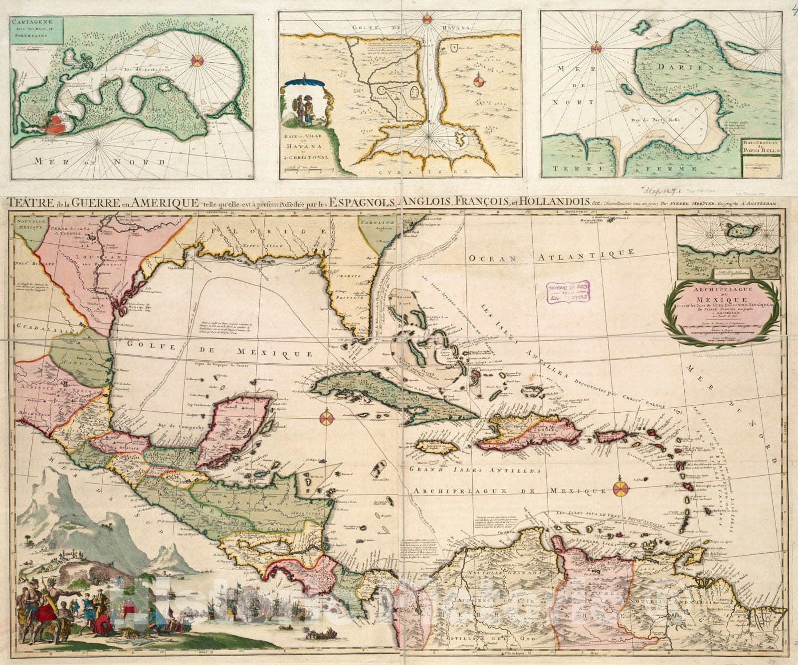 Historical Map, 1703 TeaIâ€štre de la guerre en Amerique telle que'elle est a present possedee par les Espagnols, Anglois, Francois, et Hollandois et cetera : nouvellement mis au jour, Vintage Wall Art