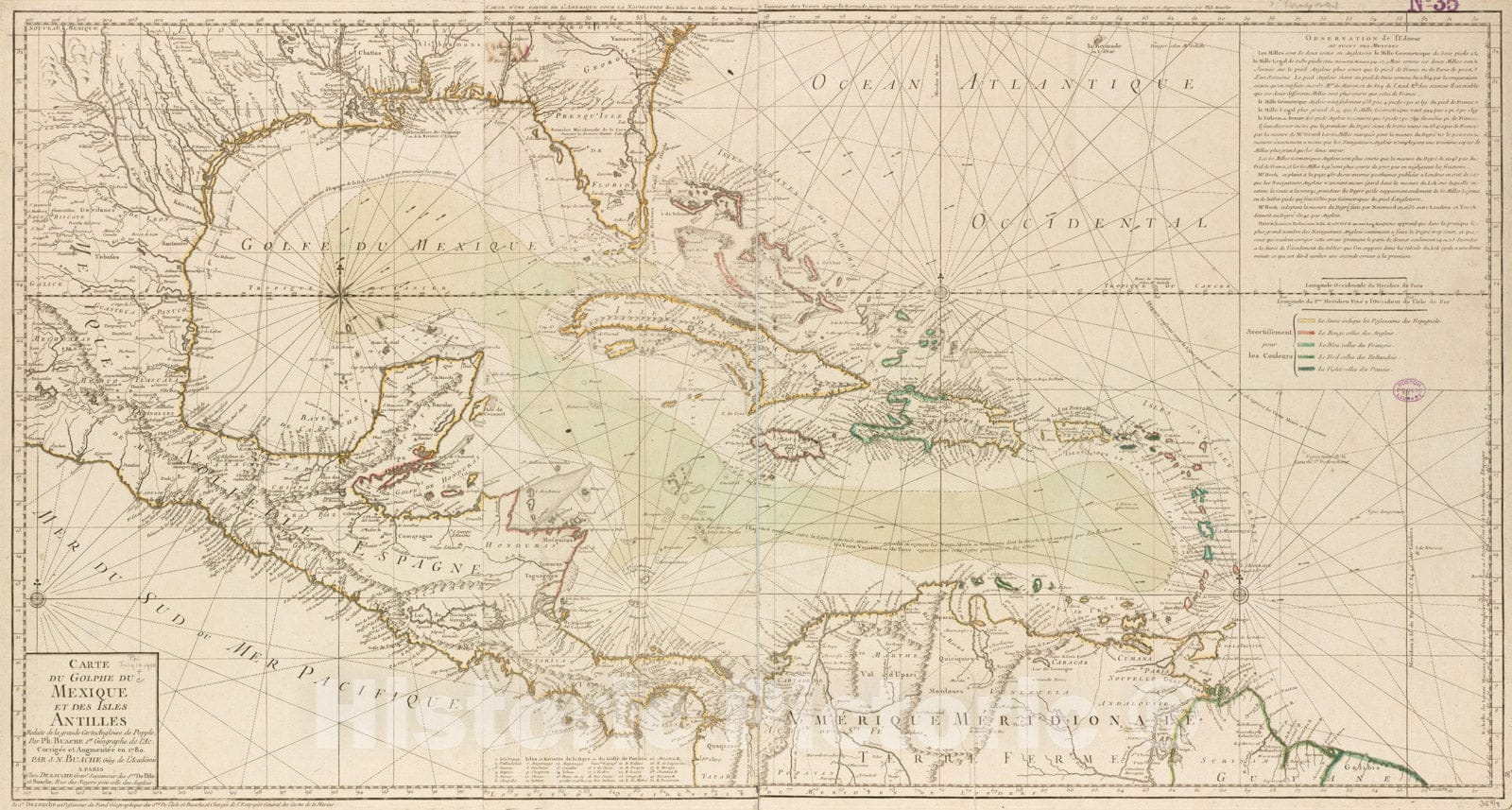 Historical Map, 1780 Carte du Golphe du Mexique et des Isles Antilles : reduite de la Grande Carte angloise de Popple, Vintage Wall Art
