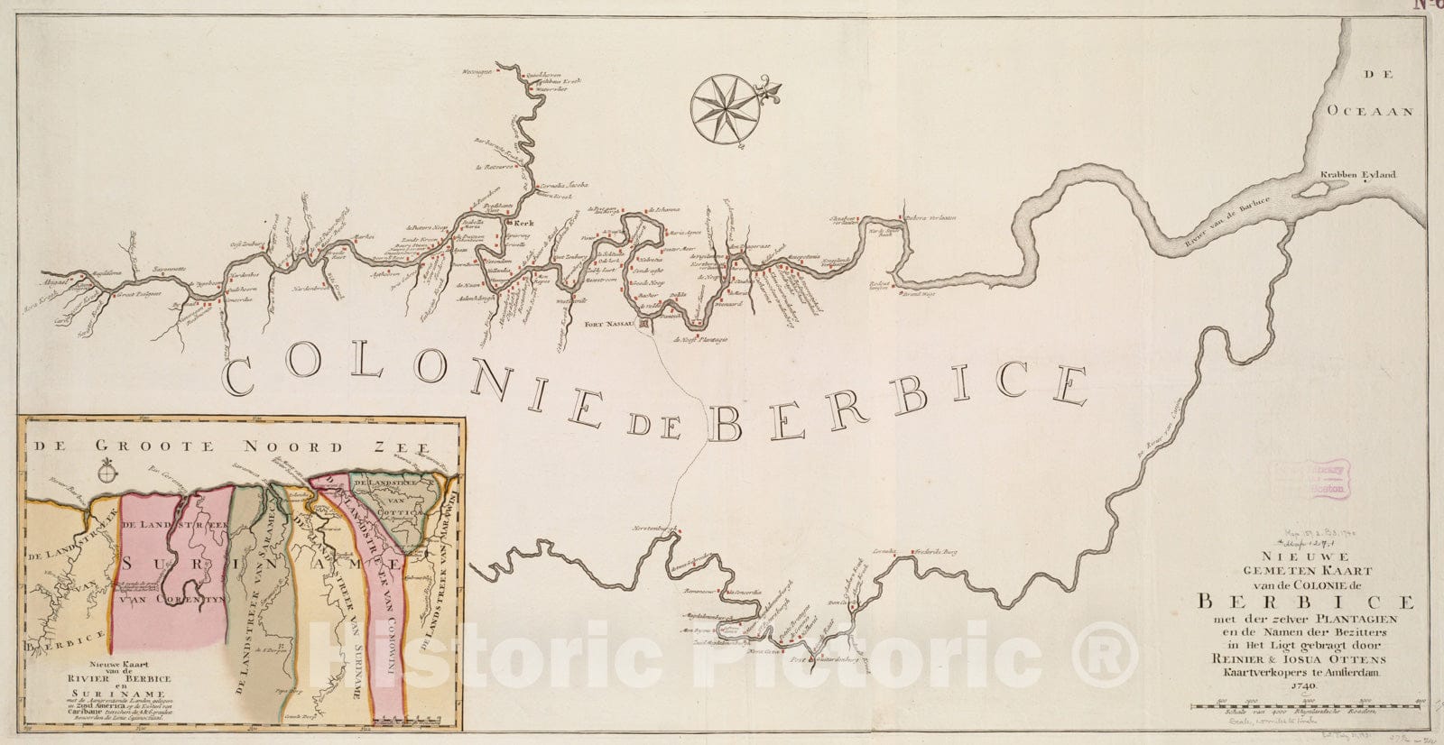 Historical Map, 1740 Nieuwe gemeten Kaart Van de Colonie de Berbice met der zelver Plantagien en de Namen der Bezitters, Vintage Wall Art