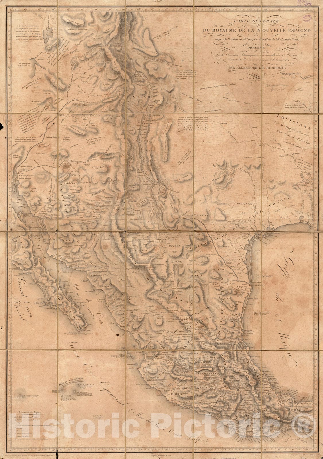 Historical Map, 1809 Carte generale du royaume de la Nouvelle Espagne Depuis le paralleI'le de 16AÂ° jusqu'au paralleI'le de 38AÂ° (Latitude nord), Vintage Wall Art