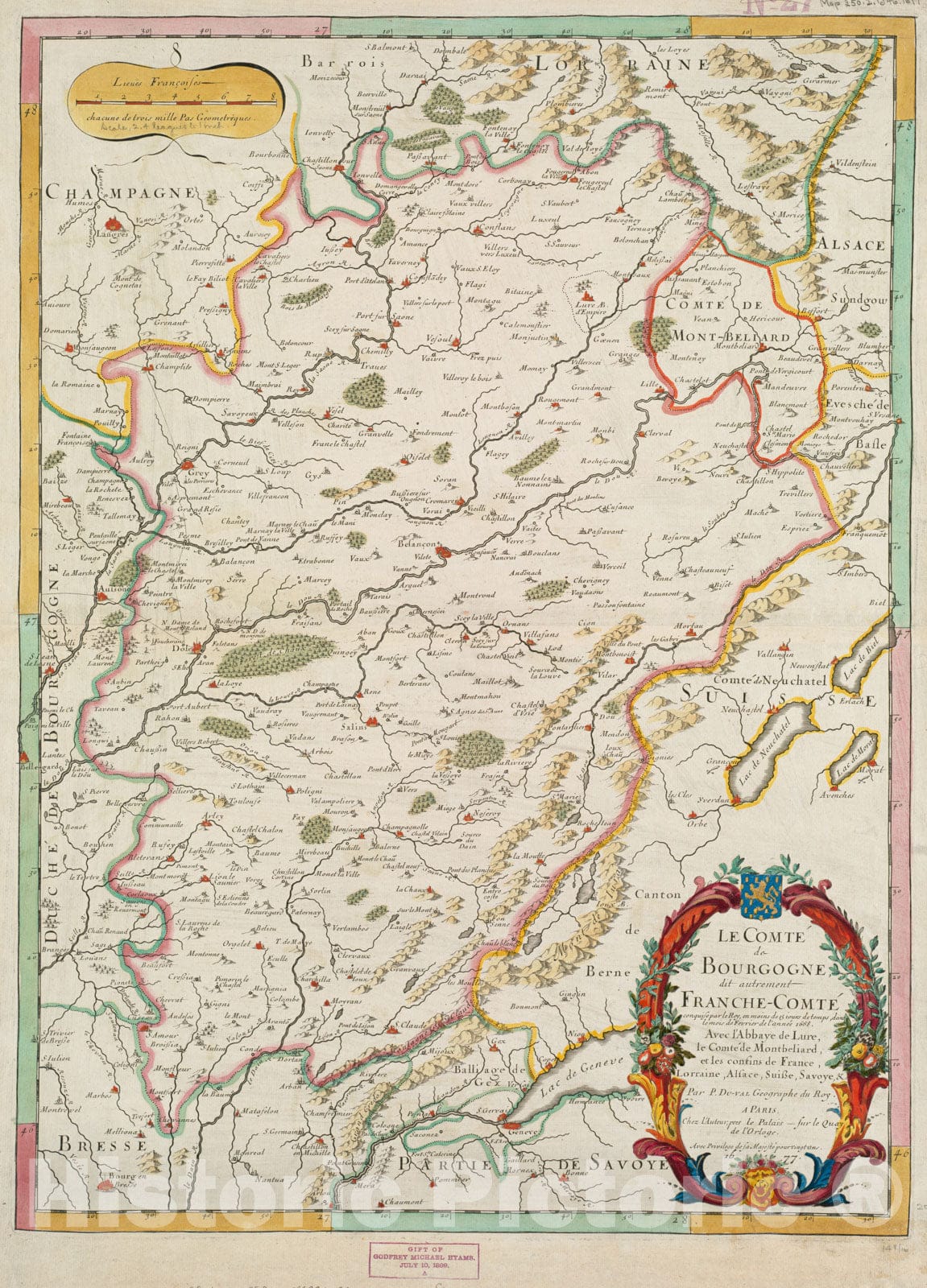 Historical Map, Le comte de Bourgogne, dit autrement Franche-comte conquise par le Roy, en moins de 15 jours de Temps, Dans le Mois de Fevrier de L'annee 1668, Vintage Wall Art