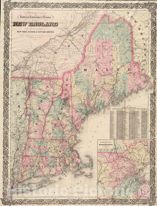 Historical Map, 1878 G. Woolworth Colton's Railroad, Township & Distance map of New England : with Adjacent portions of New York, Canada & New Brunswick, Vintage Wall Art