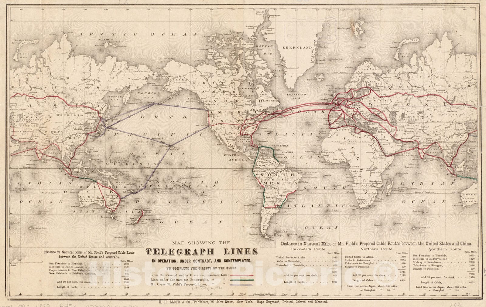 Historical Map, 1872 Map Showing The Telegraph Lines in Operation, Under Contract, and contemplated, to Complete The Circuit of The Globe, Vintage Wall Art
