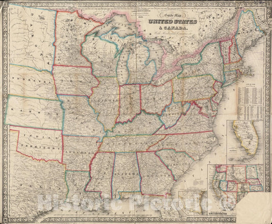 Historical Map, 1863 G. Woolworth Colton's New Guide map of The United States & Canada : with Railroads, Counties etc, Vintage Wall Art