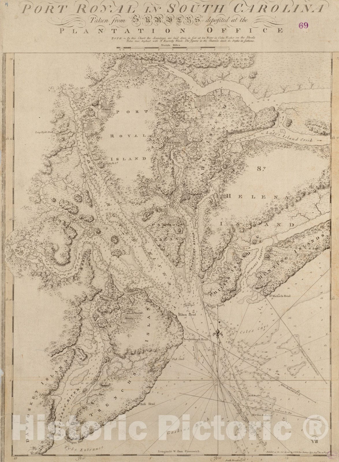 Historical Map, 1777 Port Royal in South Carolina : Taken from surveys deposited at The Plantation Office, Vintage Wall Art