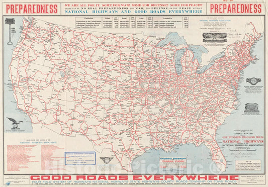Historical Map, 1915 National Highways map of The United States Showing one Hundred Thousand Miles of National Highways Proposed by The National Highways Association, Vintage Wall Art