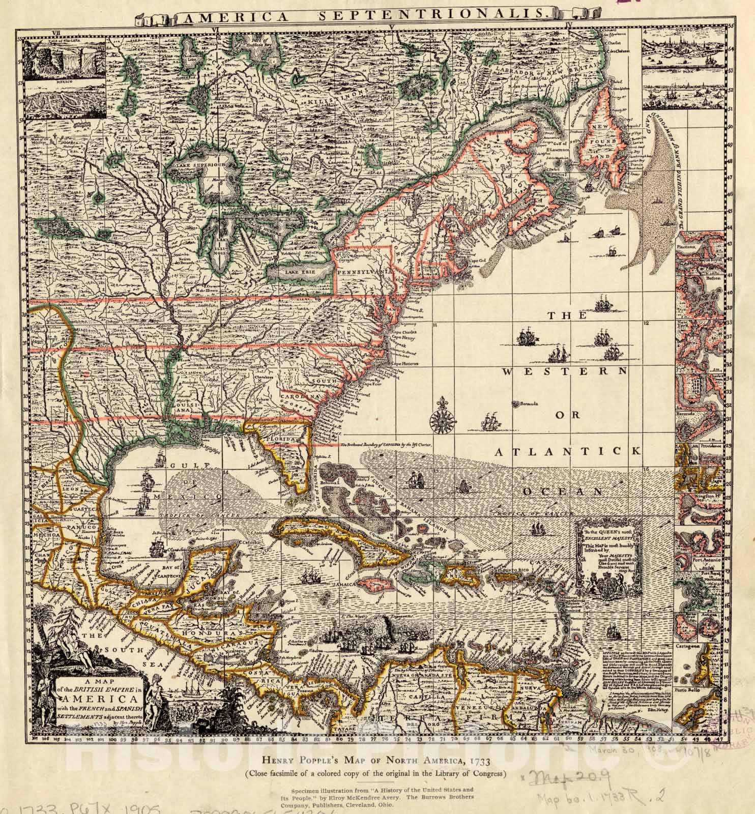 Historical Map, 1905 A map of The British Empire in America with The French and Spanish settlements Adjacent Throughout, Vintage Wall Art